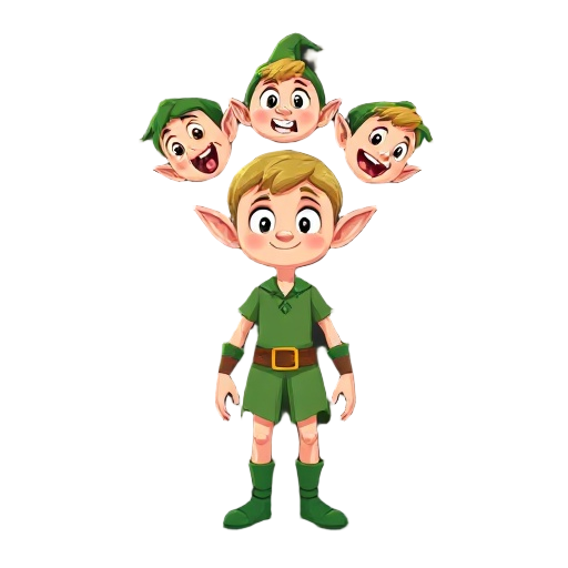 a cartoon elf character is featured against a black background. the elf is composed of separate body parts. three elf heads are shown above the main body, each displaying a different expression. the first elf head is surprised with a wide open mouth, the 