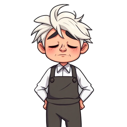 tired barista with messy white hair, apron and suspenders, eyes half closed, drooping shoulders