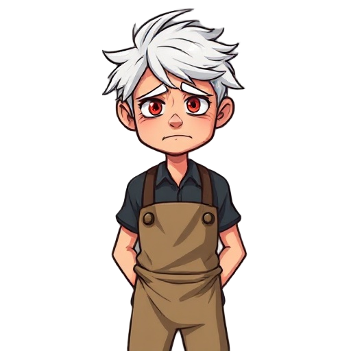 tired young barista with messy white hair, red eyes, apron and suspenders, drooping shoulders