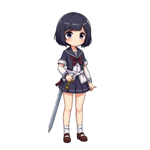 anime school girl with a short black hair, for a video game, 2d, with a great sword