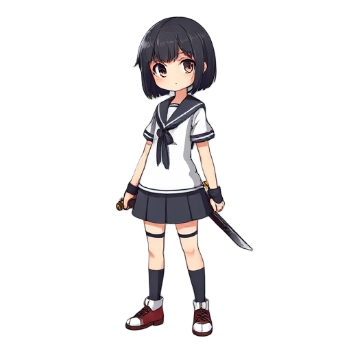 anime school girl with a short black hair, 2d, with a double hand sword