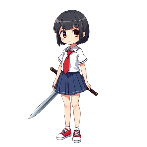 anime school girl with a short black hair, medium blue skirt, red all star shoes, short-sleeved shirt with a red tie, for a video game, 2d, with a great sword