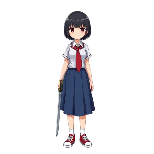anime high school girl with a short black hair, medium blue skirt, red all star shoes, short-sleeved shirt with a red tie, for a video game, 2d, with a great sword