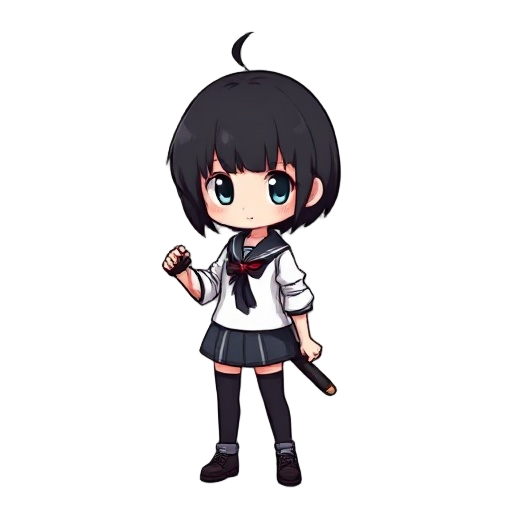 anime school girl with a short black hair, normal human scale, for a video game, 2d, with a double hand sword