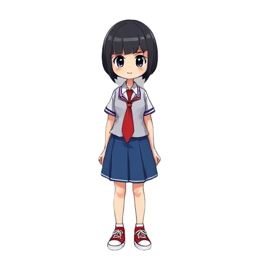 anime high school girl with a short black hair, blue skirt, red all star shoes, short-sleeved shirt with a red tie, for a video game, 2d