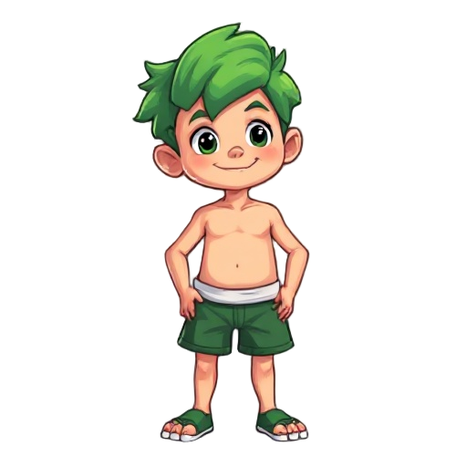 i want to create character sprite to create a customized dino game by google. the character is a boy with green hair and green shorts. it should be pixel
