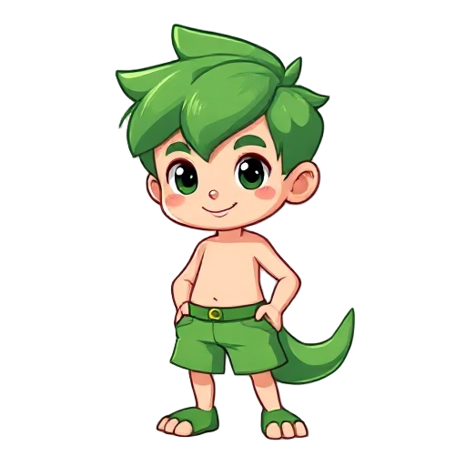 i want to create character sprite to create a customized dino game by google. the character is a boy with green hair and green shorts.