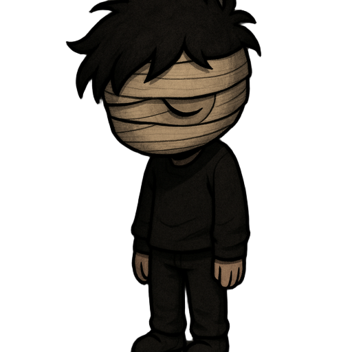 sad boy in black clothes, head down, face fully wrapped in beige bandages with one closed eye slit. messy black hair, dark soft shading, moody spotlight, gloomy background, side view.