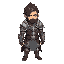 a male warrior in angular armor with middle height hair that cover his face 