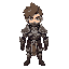 a young male warrior in angular armor with middle height anime hair that cover his face. without beard