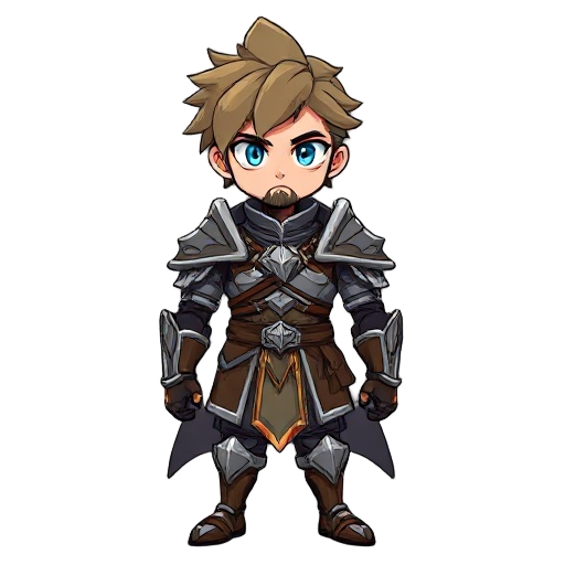 a young male warrior in angular armor with middle height anime hair that cover his face. without beard