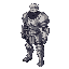 a male warrior in angular armor with middle height anime hair that cover his face. without beard