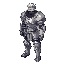 a male warrior in angular armor with middle height anime hair that cover his face. without beard