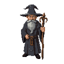create a wizard with great grey robes, wizard hat, brown gootee in face, with a wooden staff in your hand, and isometric camera. dark fantasy style