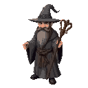 create a wizard with great grey robes, wizard hat, brown gootee in face, with a wooden staff in your hand, and isometric camera. dark fantasy style