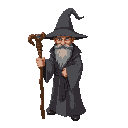 create a wizard with great grey robes, wizard hat, brown gootee in face, with a wooden staff. dark fantasy style