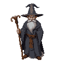 create a wizard with great grey robes, wizard hat, brown gootee, with a wooden staff in your hand, and isometric camera. dark fantasy style