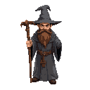 create a wizard with great grey robes, wizard hat, brown gootee in face, with a wooden staff in your hand, and isometric camera. dark fantasy style