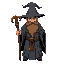 create a wizard with great grey robes, wizard hat, brown gootee in face, with a wooden staff in your hand, and isometric camera. dark fantasy style