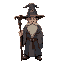 create a wizard with great grey robes, wizard hat, brown gootee in face, with a wooden staff in your hand, and isometric camera. dark fantasy style