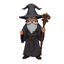 create a wizard with great grey robes, wizard hat, brown gootee in face, with a wooden staff. dark fantasy style
