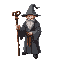create a wizard with great grey robes, wizard hat, gootee, with a wooden staff in your hand, and isometric camera. dark fantasy style
