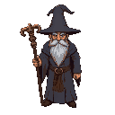 create a wizard with great grey robes, wizard hat, brown gootee in face, with a wooden staff. dark fantasy style