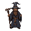 create a wizard with great grey robes, wizard hat, brown gootee in face, with a wooden staff. dark fantasy style