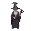 create a wizard with great grey robes, wizard hat, gootee, with a wooden staff in your hand, and isometric camera. dark fantasy style
