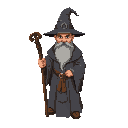 create a wizard with great grey robes, wizard hat, brown gootee in face, with a wooden staff in your hand, and isometric camera. dark fantasy style