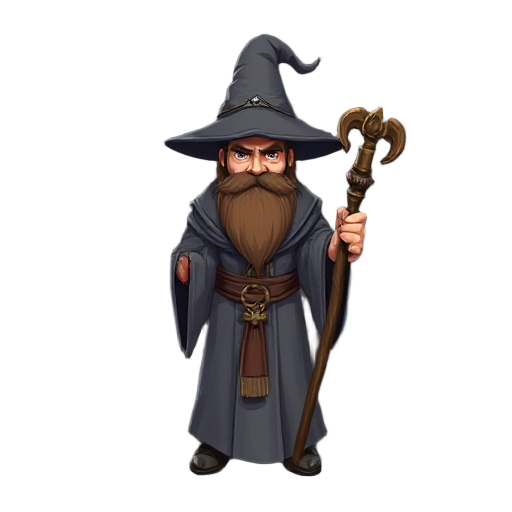 create a wizard with great grey robes, wizard hat, brown gootee in face, with a wooden staff in your hand, and isometric camera. dark fantasy style