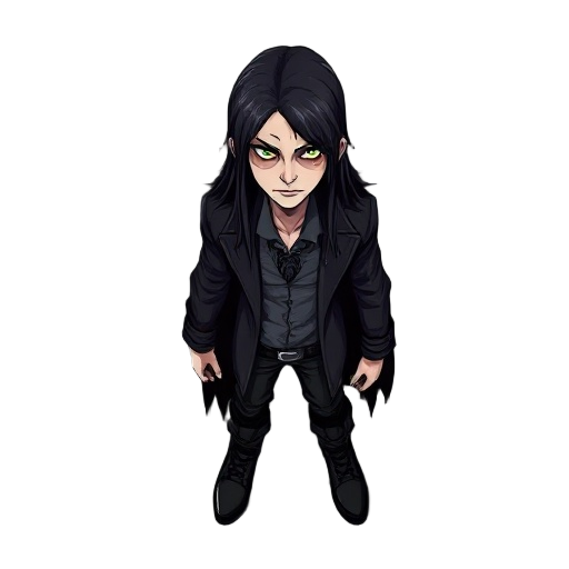 i'm making a shooter game so i need a psychopathic long-haired gothic man character realist blood and darknes