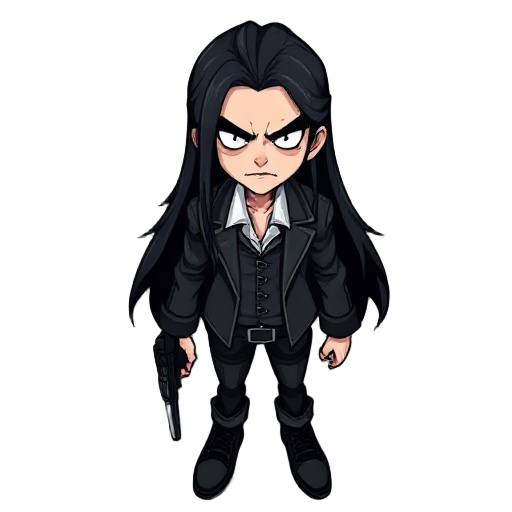 i'm making a shooter game so i need a psychopathic long-haired gothic man character