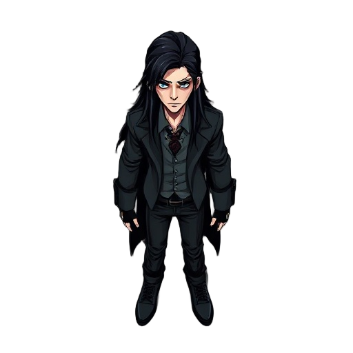 i'm making a shooter game so i need a psychopathic long-haired gothic man character realist