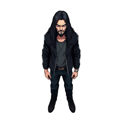 i'm making a shooter game so i need a psychopathic long-haired  man character realist blood and darknes