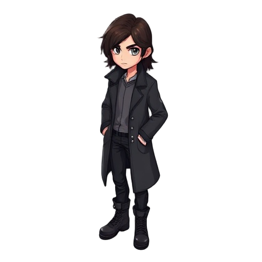 draw a detective. he has dark brown long hair like kurt cobain, gray eyes, and is wearing a dark gray coat, black trousers, and combat boots.