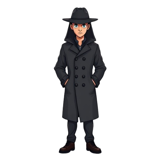 draw a detective in a dark gray raincoat. realistic