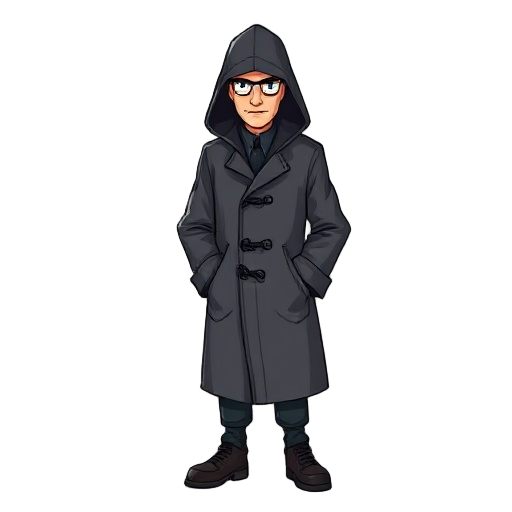 draw a detective in a dark gray raincoat. realistic. without a hood. and draw it in eight directions.