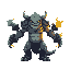 um monstro, igual um esqueleto gigante com 4 braços, cada mão possue uma arma diferente e cada uma possue uma animação de fogo, esse esqueleto emite uma aura sombria