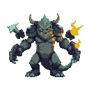 um monstro, igual um esqueleto gigante com 4 braços, cada mão possue uma arma diferente e cada uma possue uma animação de fogo, esse esqueleto emite uma aura sombria, o pesonagem tem que estar de lado