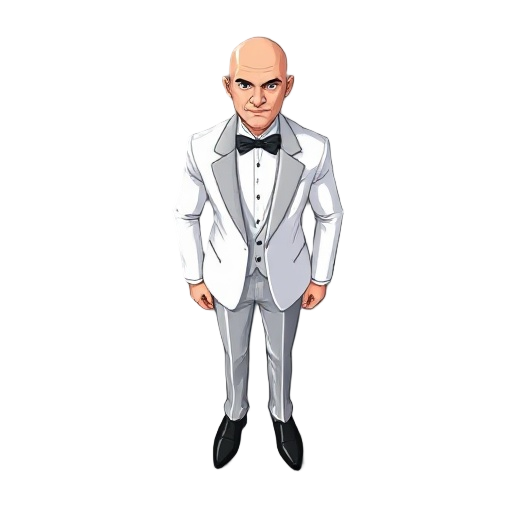 a bald man in a white tuxedo