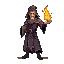 "a pixel art sprite of a powerful mage holding a magical fire in one hand. the mage wears a flowing robe with intricate details, a hood or hat, and has a mysterious, confident stance.