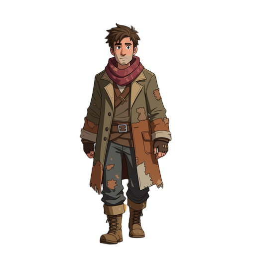 a lone vagabond named "sem", walking the edge of forgotten towns and empty roads. he wears layered, oversized clothing: a long patched coat, frayed scarf, and weathered boots covered in dust. his face