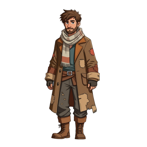 a lone vagabond named "sem", walking the edge of forgotten towns and empty roads. he wears layered, oversized clothing: a long patched coat, frayed scarf, and weathered boots covered in dust. his face