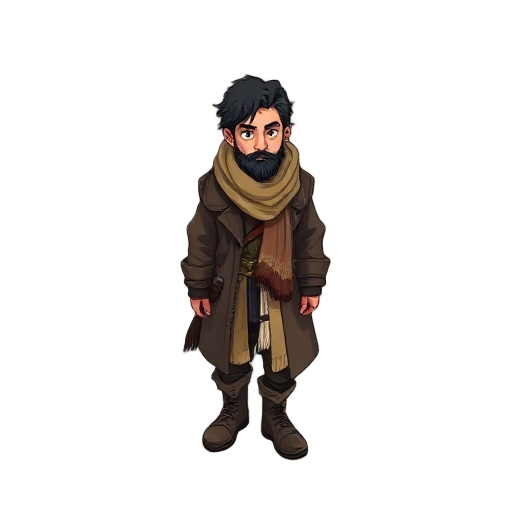 a lone vagabond named "sem", walking the edge of forgotten towns and empty roads. he wears layered, oversized clothing: a long patched coat, frayed scarf, and weathered boots covered in dust. his face