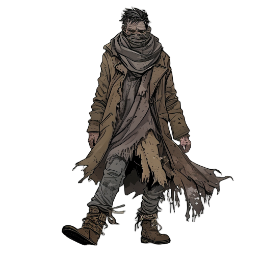 a lone vagabond named "sem", walking the edge of forgotten towns and empty roads. he wears layered, oversized clothing: a long patched coat, frayed scarf, and weathered boots covered in dust. his face