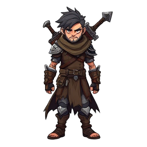 a rugged, lone warrior wandering a ruined world, known only as "sem". he wears a torn cloak, mismatched armor pieces scavenged from battles, and carries a massive chipped sword on his back. his hair i