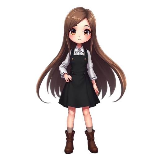 girl with very long straight hair, wearing a white blouse and a black salopette with brown boots, pale skin