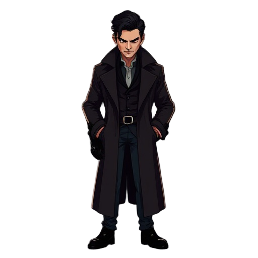 2d character design of a male noir assassin, face inspired by dante from devil may cry, 1930s style clothing, long trench coat, gloves, slicked-back hair, cigarette in mouth, moody lighting, dark urba