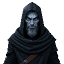 a warrior in a baggy black cloak, like strider from lord of the rings. dark fantasy setting. lightish blue skin. foreboding, purple eyes. mature, tall, frowning. they are not young or frail looking.